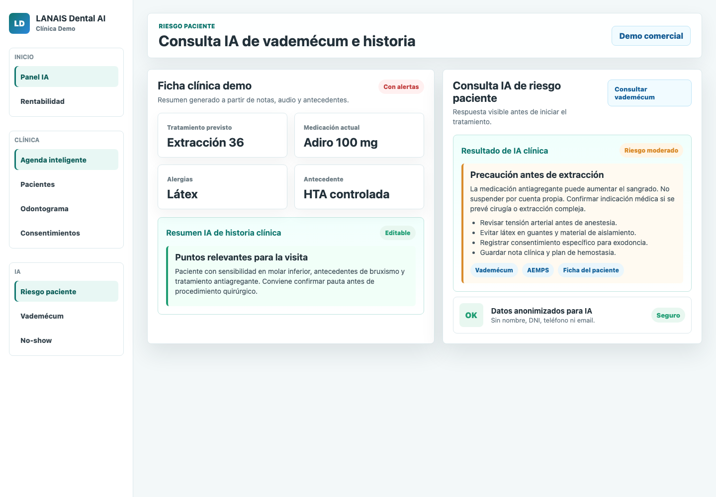 Captura demo del resultado de IA de riesgo paciente y consulta de vademécum